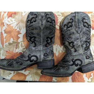Corral A1130 Black Studded Inlay Square Toe Leather Cowgirl Boots Women's 8 M